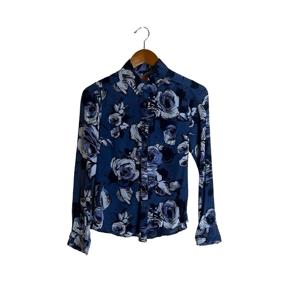 Joe fresh blue floral 100%‎ silk button up shirt